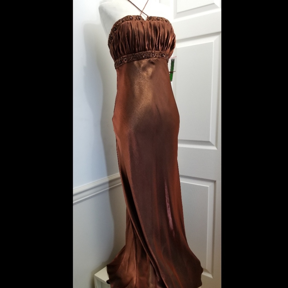 De Laru Metallic Copper Halter Gown, formal length